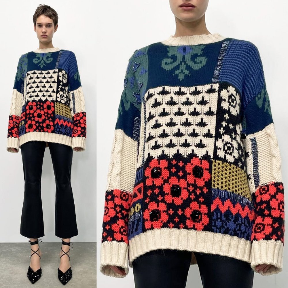 NEW Zara Patchwork Wool Blend Beaded Applique Oversize Sweater M Limited Edition